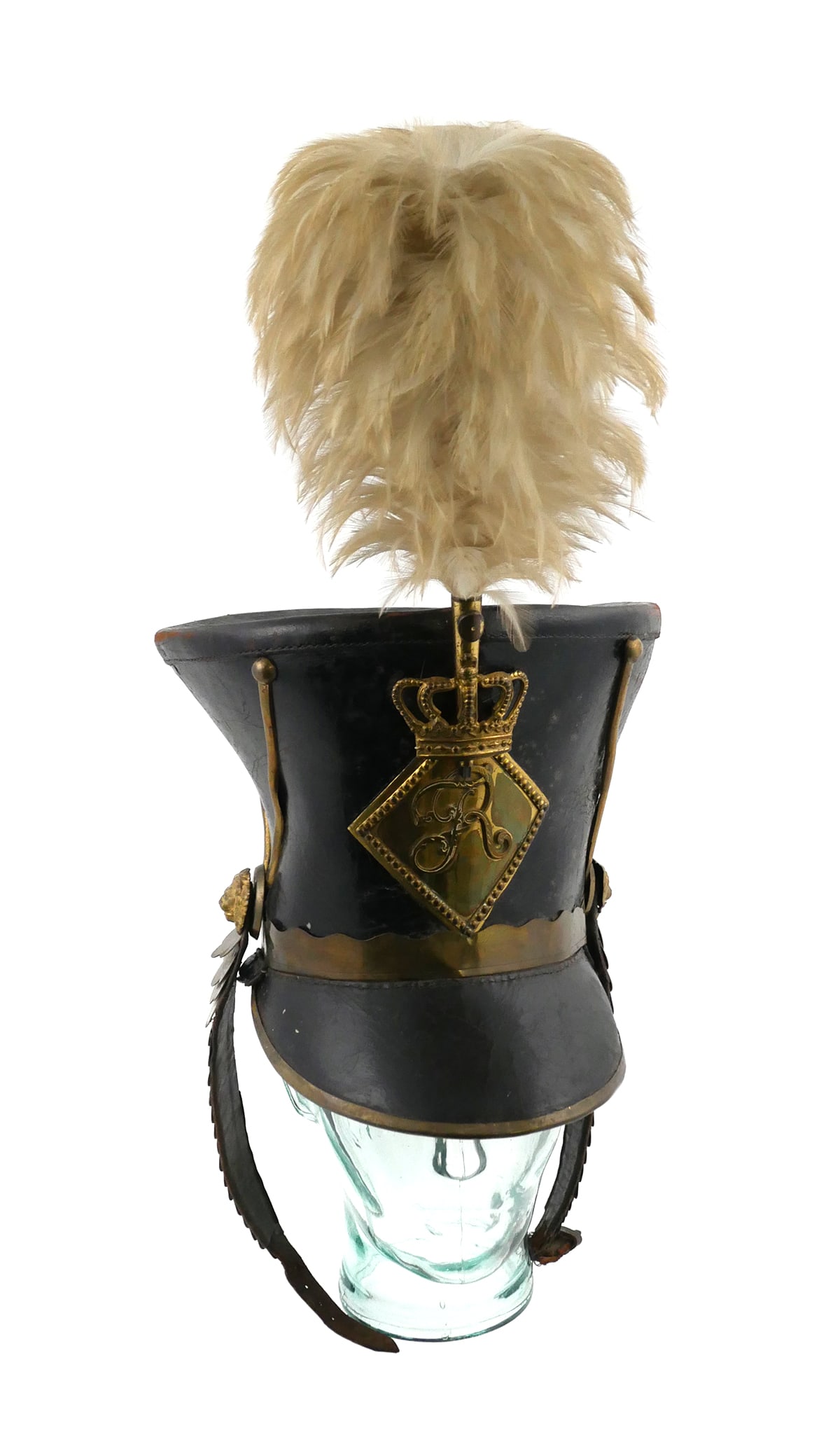 Danish M1831 Officer's Shako & Plume: Circa 1830s Danish officer's dress shako, likely Model 1831, featuring a tall black leather body with brass trim and front plate. The large brass insignia bears the crowned royal cipher "FR", consiste