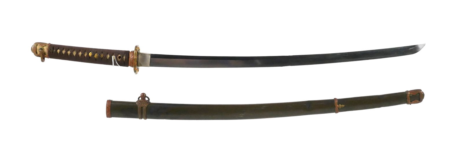 WW2: Japanese Officer's Katana, dated 1943: WWII Japanese Army officer's shin-gunto katana (samurai-style sword), possibly Type 98 pattern. Tang is signed with smith's mei and dated August 1943 (Showa 18). Hand-forged blade with arsenal polish.