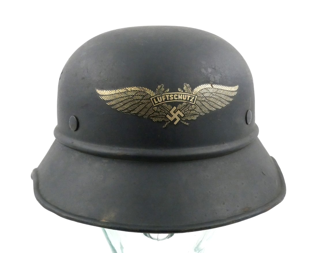 WW2: Luftschutz Air Raid Warden Helmet: German civil defense helmet used during WWII, issued to non-military person responsible for air raid protection ("Luftschutz" translates to "air protection" or "air raid protection"). Intact decal and