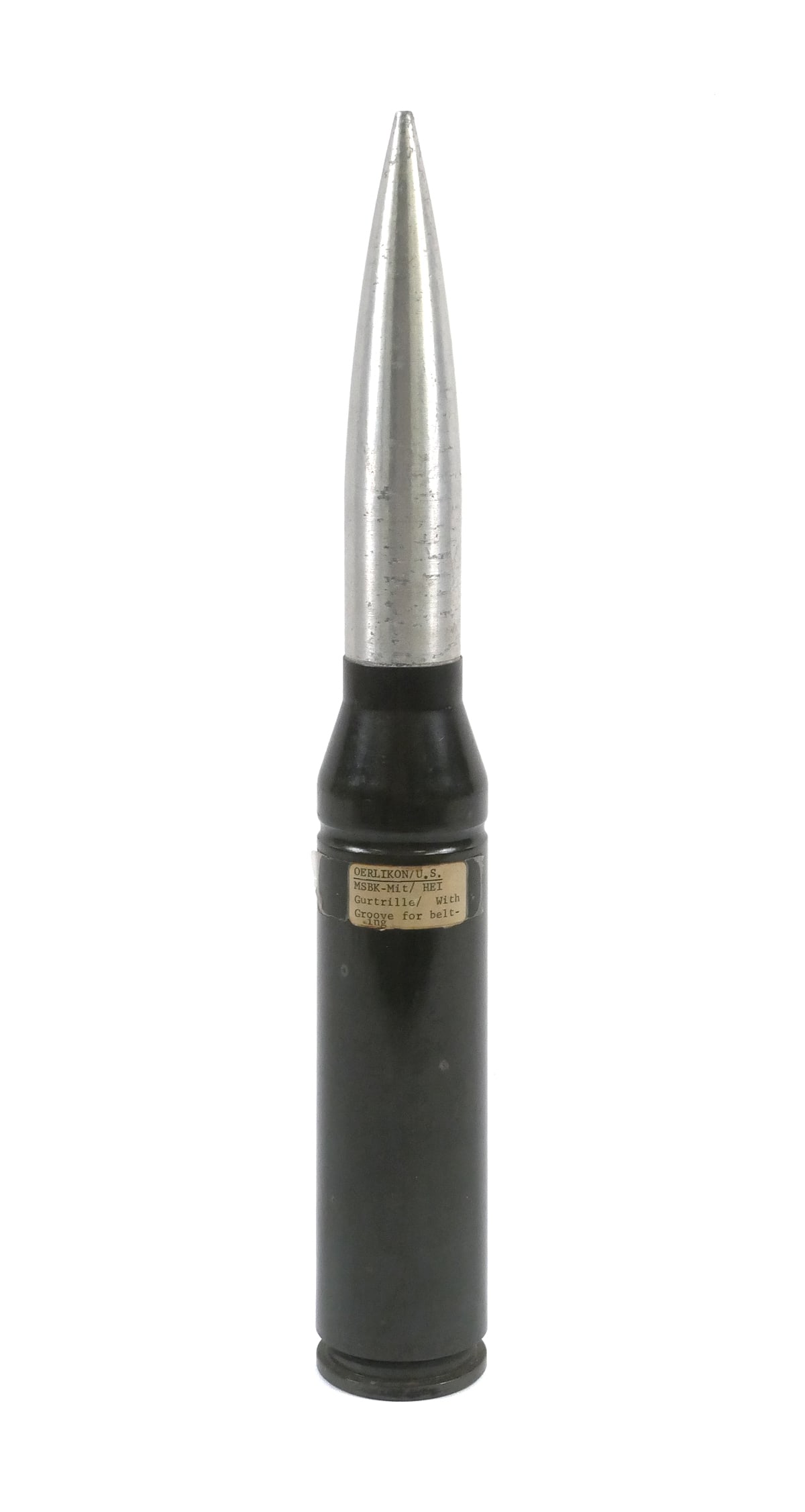 Cold War: 37mm Oerlikon HEI Round: Inert High-Explosive Incendiary (HEI) training round for the Oerlikon 37mm automatic cannon believed to have been used during the Cold War era. Green painted steel casing with a machined aluminum proj
