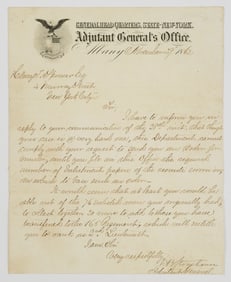 Civil War: 1862 Letter from NY Adjutant General