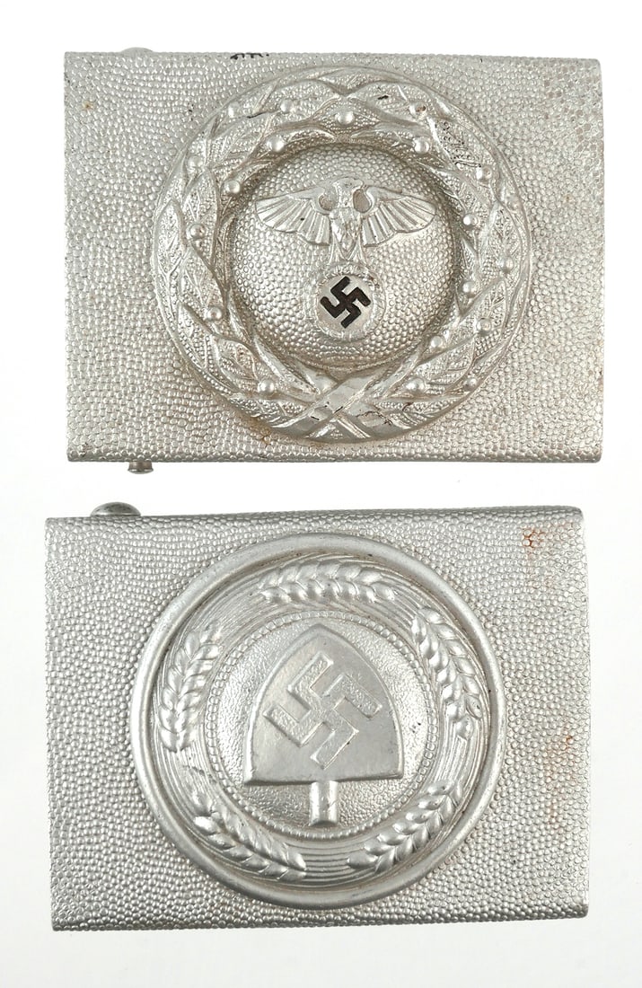 WW2: German RAD & Hitler Youth Buckles: Two aluminum belt buckles, one for Reich Labor Service, the other for Hitler Youth. Youth buckle has faint OLC mark for maker Overhoff & Cie. This item can be shipped in-house.