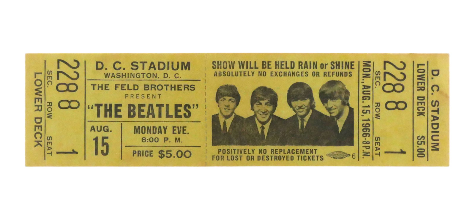 1966 The Beatles Full Concert Ticket PSA 4: Original full ticket to The Beatles' August 15, 1966 concert at D.C. Stadium in Washington, D.C., part of their final U.S. tour. Presented by The Feld Brothers. Lower Deck, Section 228, Row 8, Seat 1.
