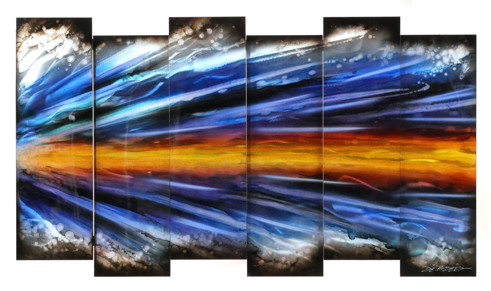 CHRIS DERUBEIS Abstract Metal Mixed Media: Large artwork comprised of 6 metal panels each measuring 11" x 35" the surface treated with paint and mixed media to create what he called "abstract sensualism" by Chris DeRubeis. Overall measurements