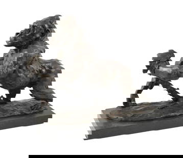 REMBRANDT BUGATTI Bronze Gorilla: Bronze sculpture of a gorilla with a branch, in the style of Rembrandt Bugatti (1884-1916). Patinated bronze, marble base, signed "Fisher" near figure's back foot. Approx. 14-1/8" x 5-3/4" x 12-1/4".