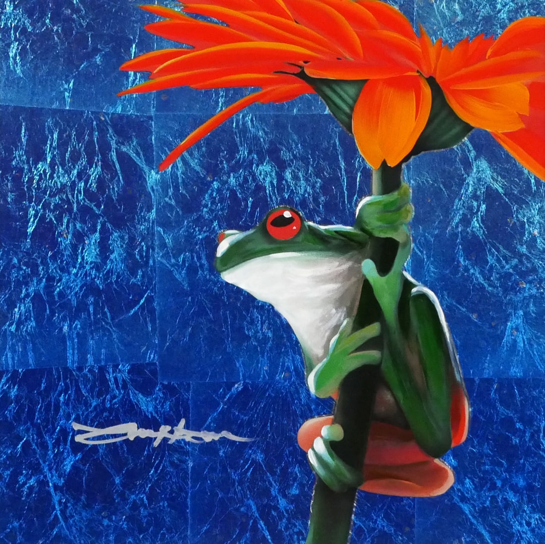 Patrick Guyton, "Gimme Shelter" Frog Mixed Media: Mixed media on aluminum, veined by hand by Patrick Guyton, measuring 12" square in 19-3/8" square frame. Hand-signed by artist. Stated unique variation on included Park West COA. This item will need t