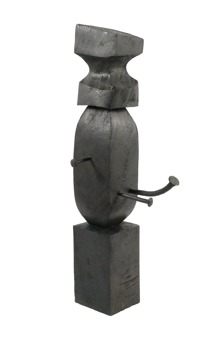ROLANDO LOPEZ DIRUBE Sculpture, Cuban: Wood and iron sculpture by Dirube (Cuban, 1928-1997). Signed with Dirube's circular mark on one side of base. The artist was born in Havana, and studied in the U.S. before returning to Havana. He late