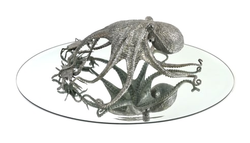 Metal Octopus & Crabs Sculpture on Mirror Base