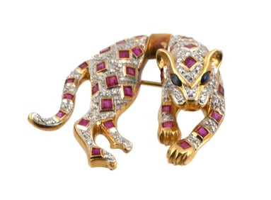 18K Ruby & Diamond Panther Brooch
