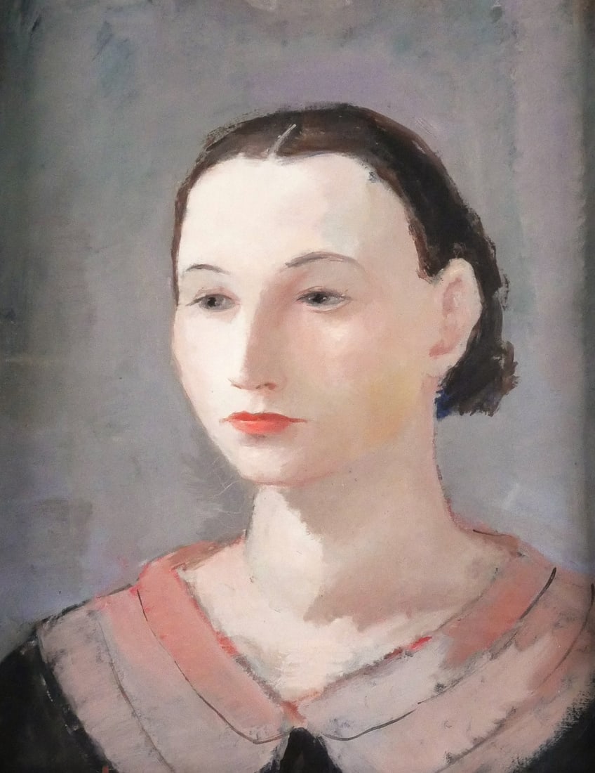 DIETZ EDZARD Portrait of a Girl Ptg: OIl on canvas painting of young woman with large pink collar, signed lower left corner. Image measures 17" x 13-1/4" frame measures 25-1/4" x 21-1/2". Provenance: Obtained from the artist's grandson b