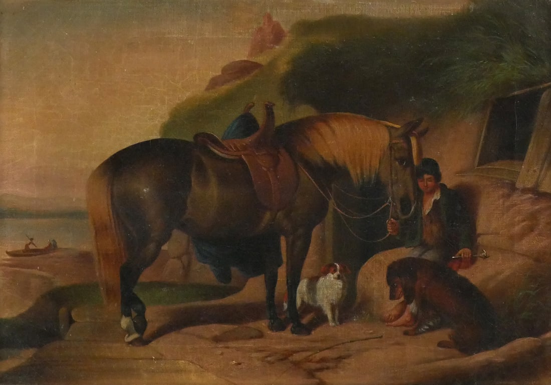19th c. European School, Pastoral Painting: Oil on canvas painting of young boy and house in a pastoral setting with lake and boat in the background, based on the painting by Edwin Landseer titled Favorite Pony and Spaniels. Image measures 13-1