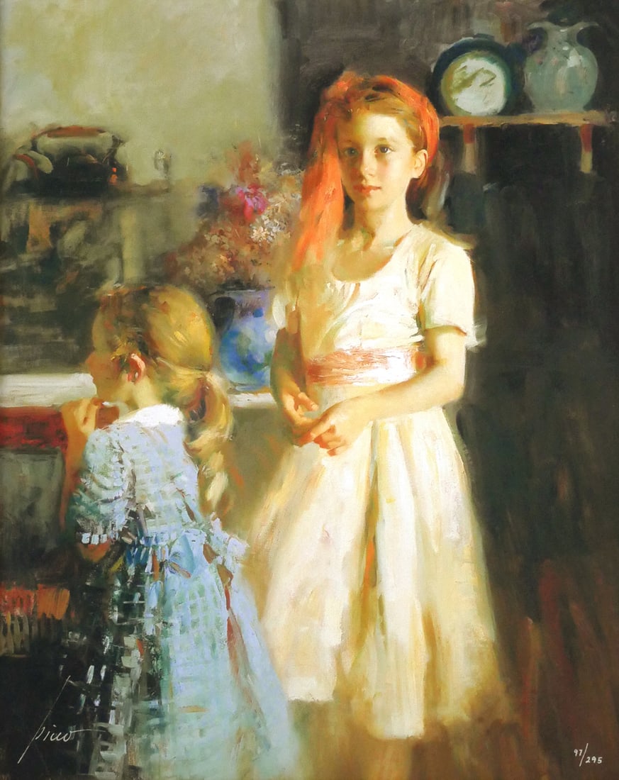 PINO Best Friends Giclee: Giclee print of two young girls titled "Best Friends" by artist Pino Daeni (1939-2010), signed lower left and numbered lower right 97/295. Image measures 18" x 14-1/2" frame measures 28-1/4" x 25", in