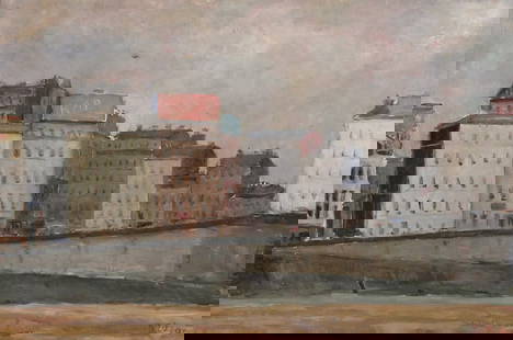 DIETZ EDZARD Painting Waterfront Scene: Oil on canvas waterfront scene, written on the verson "Quai National" could possibly be referring to Paris or Lucerne Switzerland, signed lower right corne D. Edzard. Image measures 36-1/2" x 24" fram