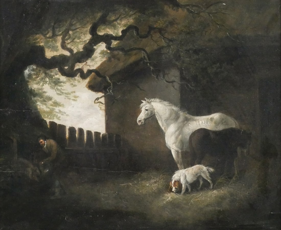 19th c. European School Pastoral Scene: Oil on board painting featuring a boy, horses and dog in a barnyard setting, unsigned, similar to artwork by George Morland. Image measures 11-1/4" x 13-3/4" frame measures 14-3/4" x 17-1/4". This ite