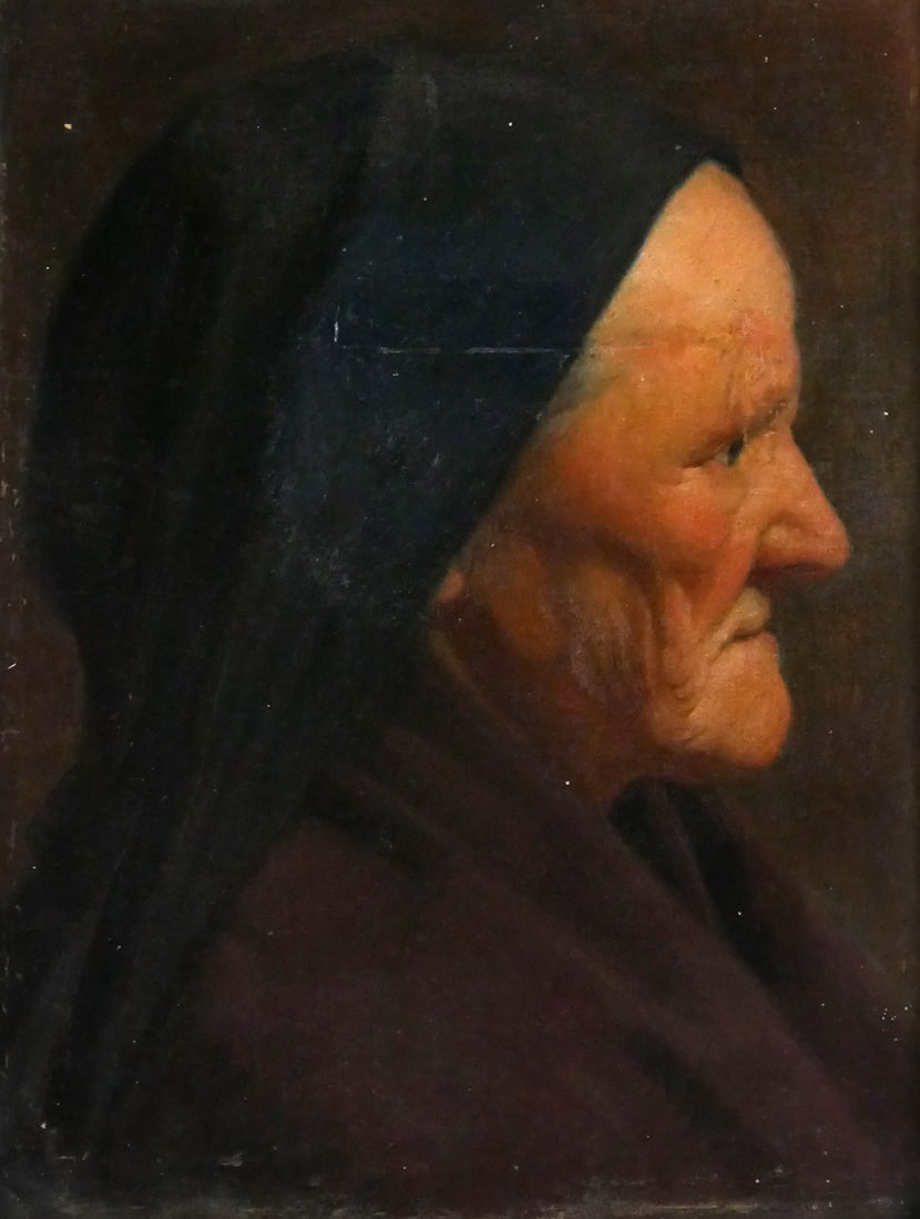 19th c. Portrait of Old Woman: Oil on canvas painting profile of an old woman, unsigned. Image measures 15" x 11-1/2" frame measures 19-1/4" x 15-1/2". This item can be shipped in-house.