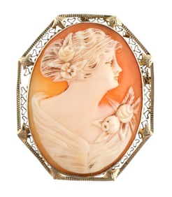 Vintage 14K Gold Shell Cameo Brooch Pendant