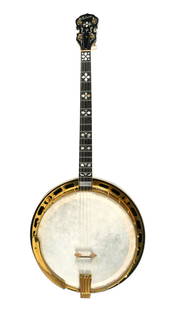 1929 GIBSON MASTERTONE Granada Banjo: Gibson Mastertone Granada 4-string banjo, factory order number "9261-40", produced in 1929. Features gold-plated hardware and engraved tailpiece marked "Gibson." Neck and headstock display mother-of-p