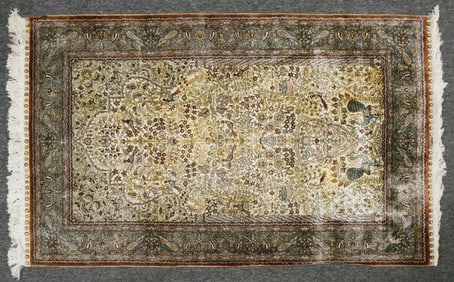 Hand-Knotted Silk & Wool Rug Peacock Motif