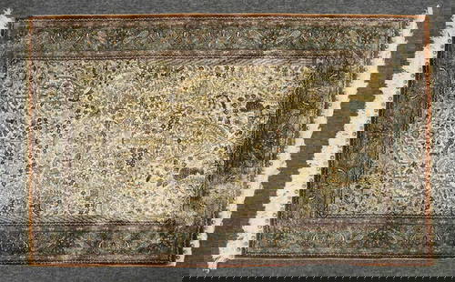 Hand-Knotted Silk & Wool Rug Peacock Motif: Intricately detailed hand-knotted rug measuring 36" x 59" excluding fringe, featuring a symmetrical tree of life pattern with birds and floral vines. Notable design elements include paired peacocks fl
