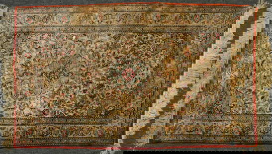 Chinese Silk Tabriz-Style Rug, 3' x 5': Hand-knotted silk-on-silk rug in the Tabriz design, labeled "Harmony" and manufactured in China. The label lists the background color as ivory and the border color as tan, with both pile and warp made