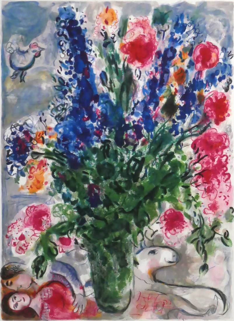 MARC CHAGALL LIthograph Bouquet: Giclee lithograph of a bouquet of flowers titled "Les Lupins Bleus" by Marc Chagall, facsimile signature lower right and numbered in pencil lower left 37/50. Image measures 14" x 10" frame measures 27