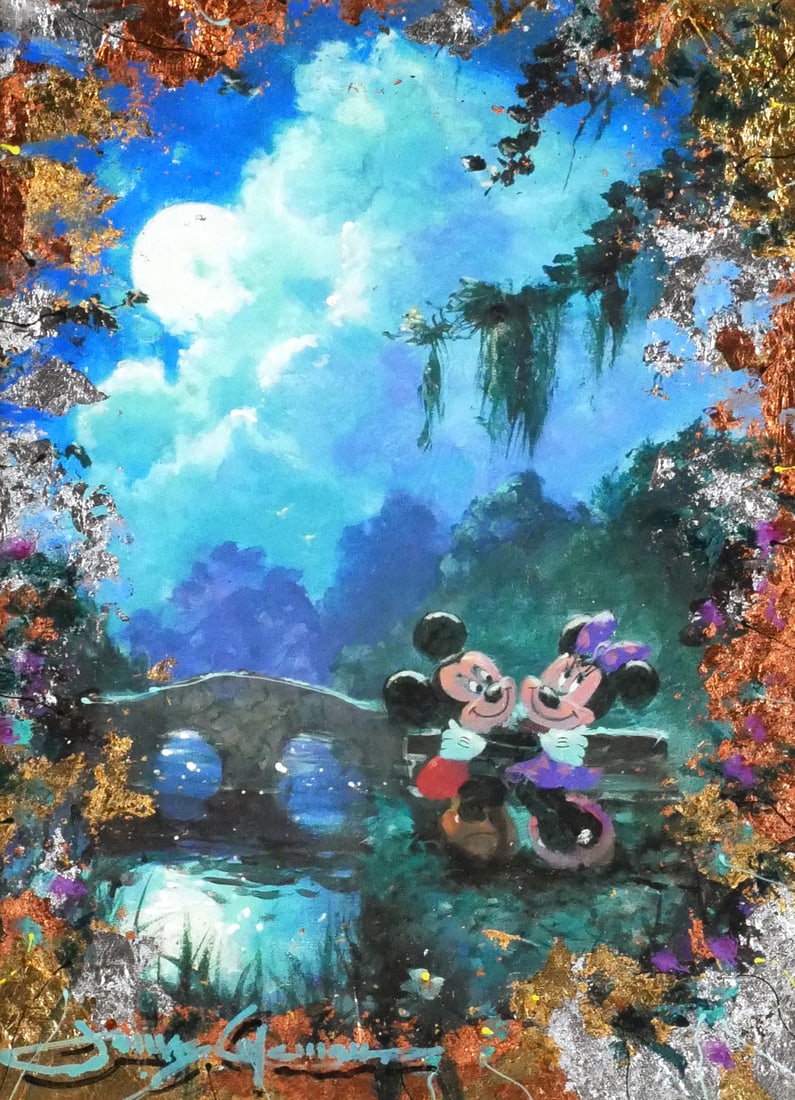 JAMES COLEMAN Mixed Media Disney: Embellished image of Minnie and Mickey Mouse in the moonlight, titled "Check to Check" by James Coleman, signed lower left and center. Image measures 15-1/2" x 11-1/2" frame measures 23-3/4" x x19-3/4