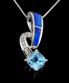 14K Gold Diamond Opal Blue Topaz Pendant Necklace