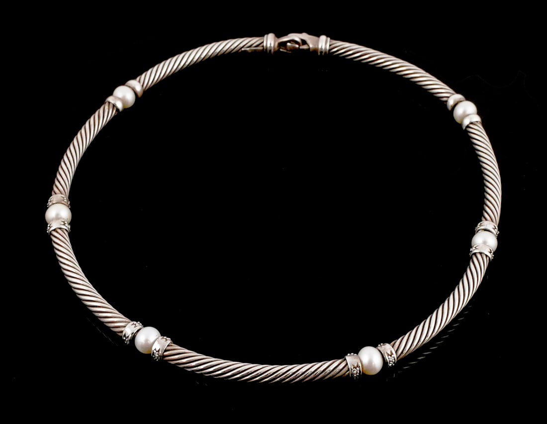 DAVID YURMAN Diamond Pearl 925 Necklace: Yurman sterling silver collar or choker style necklace. Cable design with six pearl stations, four accented with diamonds. 51.07 grams tw, approx. 15"L. This item can be shipped in-house.