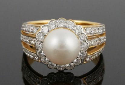 18K Gold Diamond Pearl Cocktail Ring
