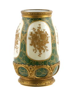 French Limoges Porcelain & Ormolu Vase: Petite French porcelain vase with finely cast gilt bronze (ormolu) mounts, featuring green and ivory panels with raised gilt floral decoration in the Sevres style. The underside is marked "Limoges Fra