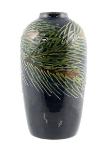 Max Laeuger Pine Needle Vase: Max Laeuger German Arts & Crafts pottery vase decorated with pine needles motif. Signed on base. Vase measures approx. 8-1/4" tall. TAGS: Vintage Jugendstil ceramic, German Art Nouveau, early 20th cen