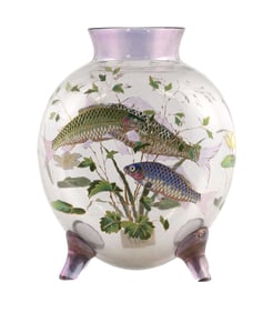 Moser Enameled Koi Vase, Bohemian Glass, 10-1/4"