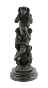 "Three Wise Monkeys" Bronze Sculpture M. Lopez