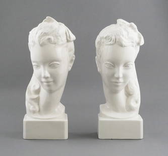 Charleton Ceramic Bust Wall Vases: Pair of midcentury ceramic bust vases in the style of Kent Art Ware and Geza de Vegh for Lenox, each modeled as a stylized young woman with swept-back hair and hollowed reverse, suitable for use as he