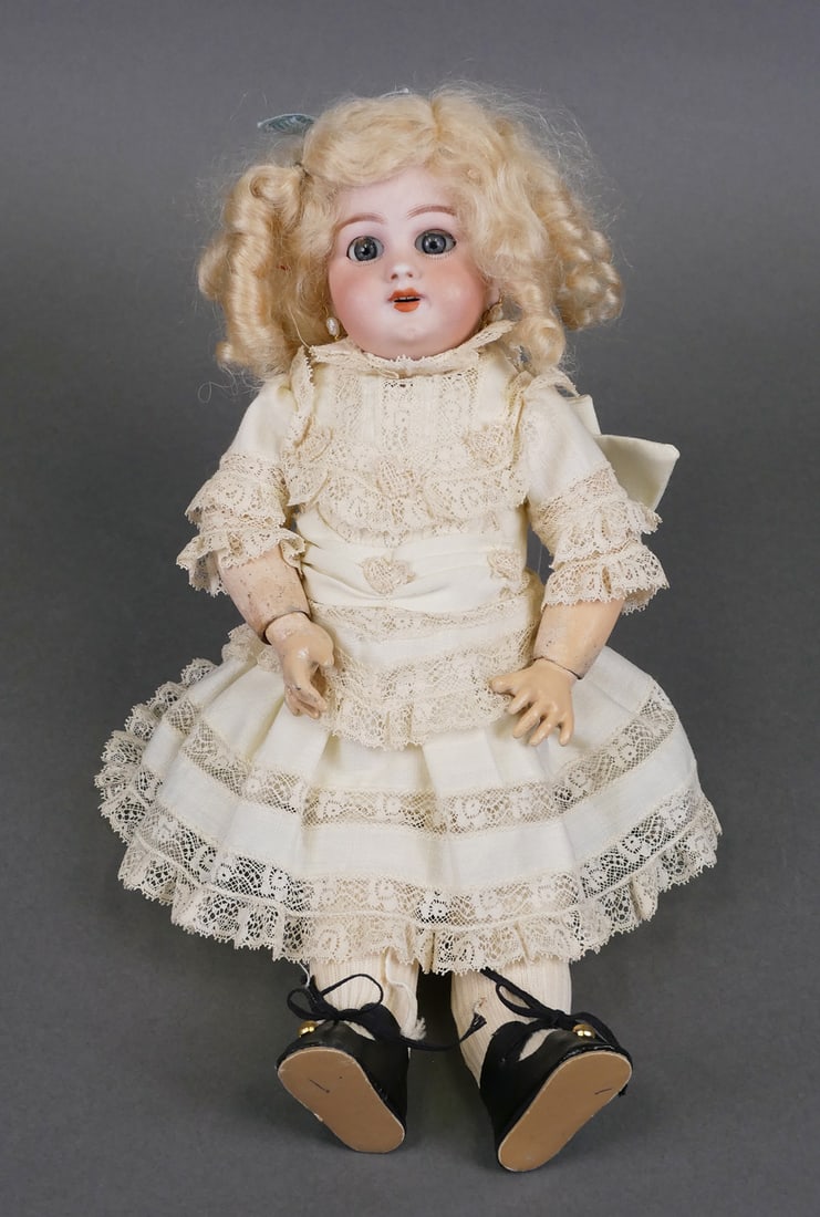 Antique Miniature Cabinet Doll 10" French: Bisque head and composition body French or German late 19th or early 20th century doll. Back of the head marked Dep, possibly Simon & Halbig. Bisque porcelain socket head with blue grey paperweight sl