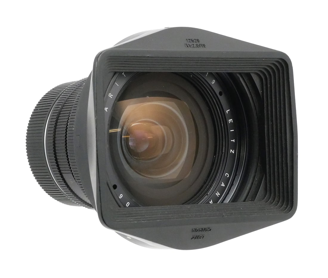 Leitz Elmarit-R 19mm f/2.8 Lens, Leitz Canada: Leitz Canada Elmarit-R 19mm f/2.8 wide-angle lens for Leica R-mount SLR cameras. Serial number 2869666, marked "Elmarit-R 1:2.8/19" and "Leitz Canada." This is the original Version I, recognized for i