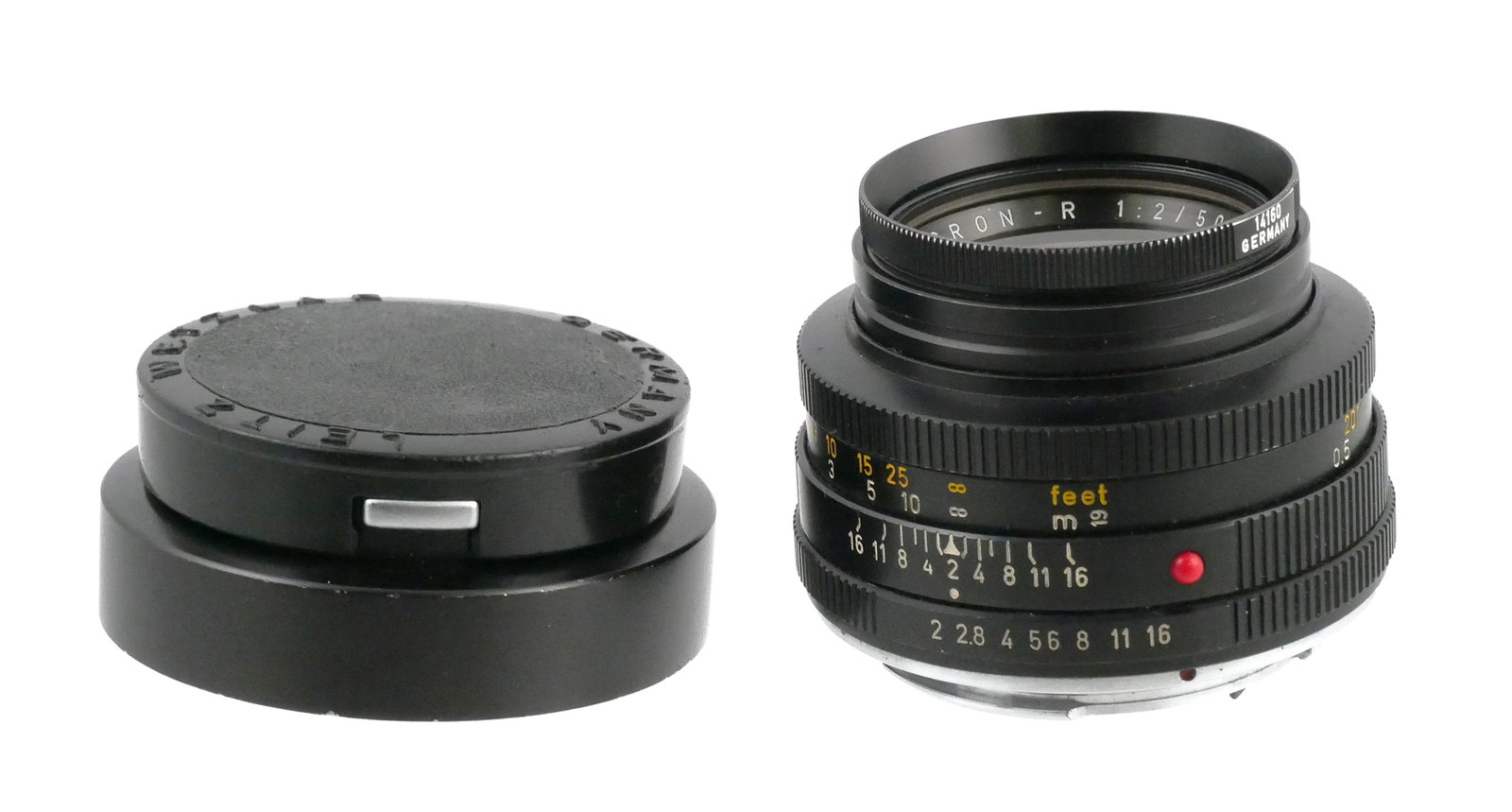 Leitz Summicron-R 50mm f/2 Lens, Boxed: Leitz Wetzlar Summicron-R 50mm f/2 standard lens for Leica R-mount SLR cameras. Serial number 2366007, catalog number 11228. Marked "Leitz Wetzlar" on the front ring. A classic 50mm lens, well-regarde