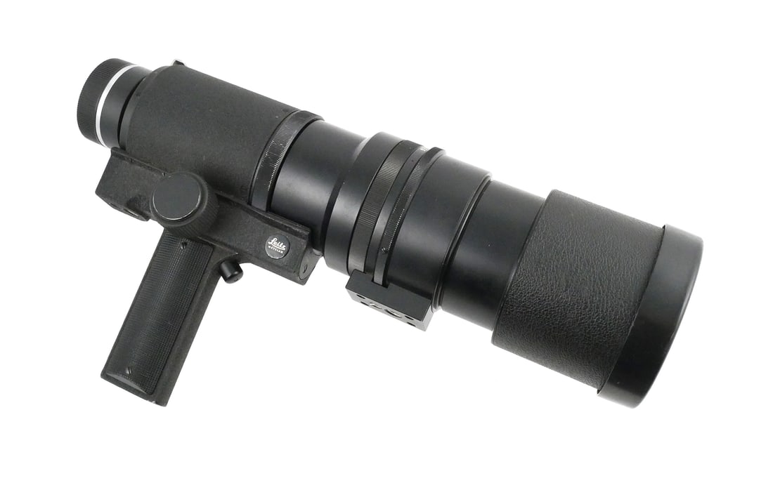 Leitz Telyt 400mm f/5.6 with Televit-R Unit: Leitz Wetzlar Telyt 400mm f/5.6 lens, serial number 2212161, mounted to a Leitz Televit-R rapid-focus unit with shoulder stock, marked Germany 14146. Includes Leitz Wetzlar 14137 quick-mount base. Mar