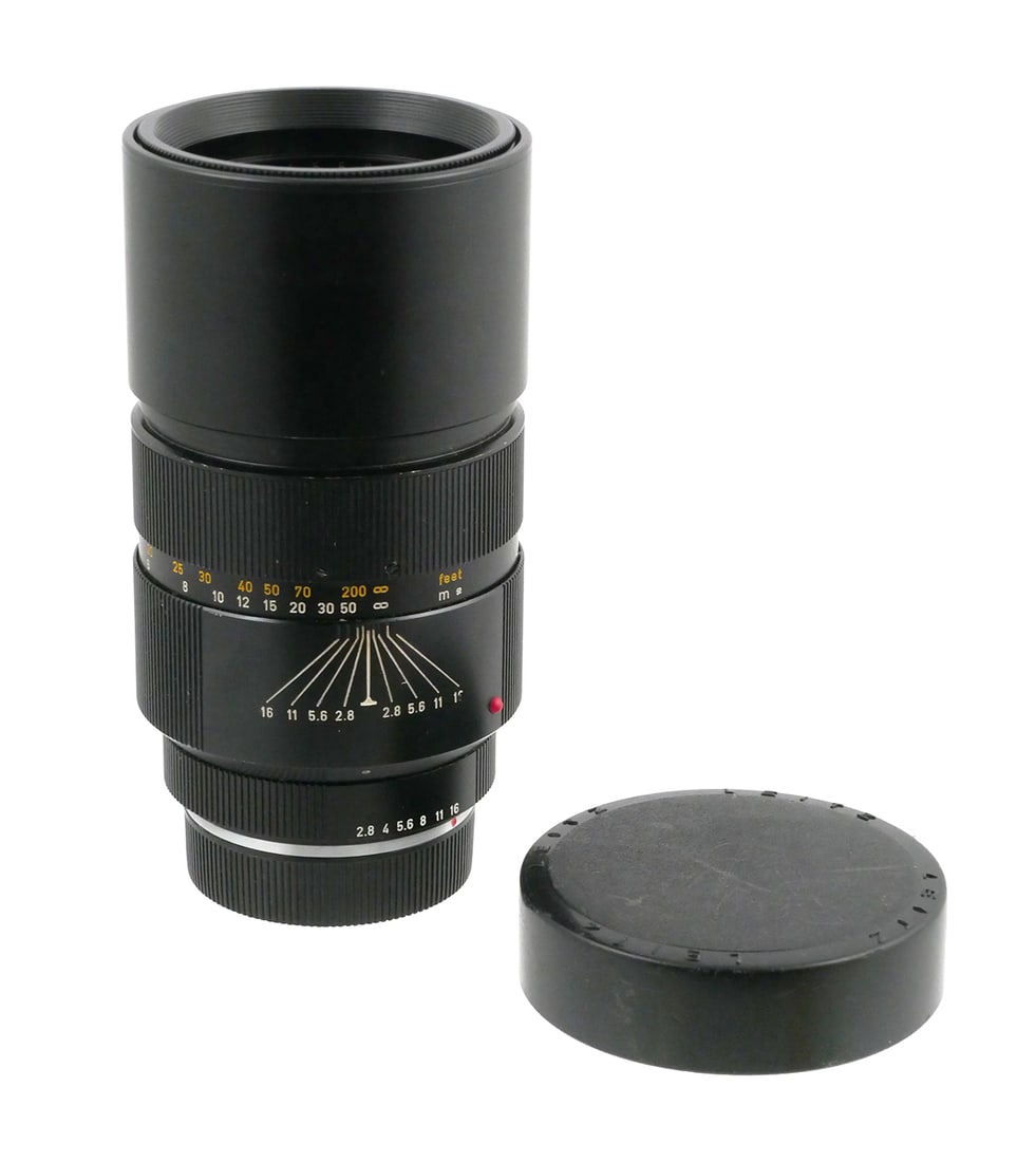 Leitz Elmarit-R 180mm f/2.8 Lens, Boxed: Leitz Wetzlar Elmarit-R 180mm f/2.8 telephoto lens for Leica R-mount SLR cameras. Serial number 2455801, dating this example to circa 1970. Catalog number 11919. Marked "Germany" and equipped with a b