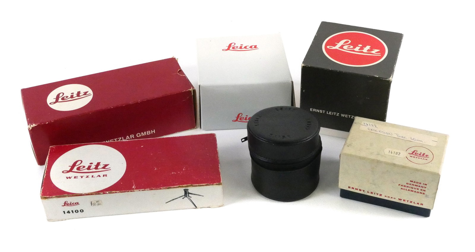 Leitz Lot of 6 Camera Accessories: Lot of six Leitz Wetzlar camera accessories made in Germany, including one aperture control marked "14127" with mount marked "16466M". Also included are a Leitz extension tube marked "14182" in origin