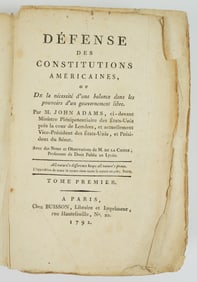 Rare Book: 1792 John Adams, Defense, Paris Vol. I