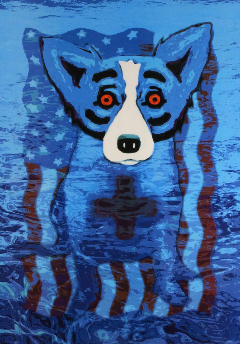 George Rodrigue, BLUE DOG Katrina New Orleans: "We Will Rise Again" Rodrigue Blue Dog print, dated 2005. The somber print was created by Rodrigue (American, 1944-2013) after Hurricane Katrina to raise money for the rebuilding effort through the Re
