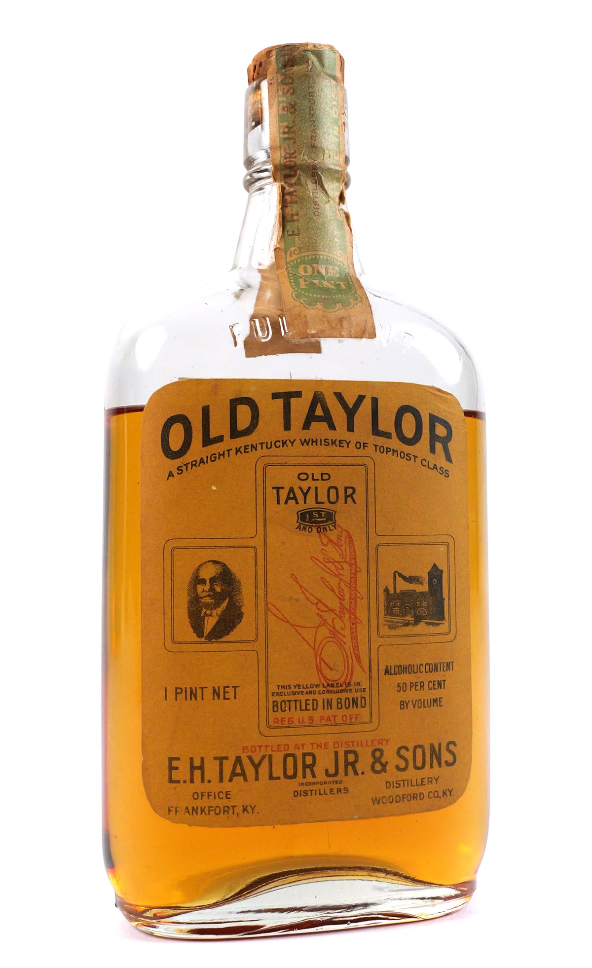 1916 Old Taylor Whiskey Pint, Prohibition Era Bottle: Sealed pint bottle of Old Taylor Kentucky Straight Bourbon Whiskey, a rare survivor from the Prohibition era. One of two in today's auction. Tax stamp reads "Spring 1924 Spring 1916," showing this bou