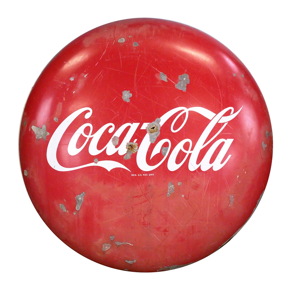 Vintage COCA COLA 48 Inch Porcelain Button Sign: Large vintage Coca-Cola button sign measuring 48" diameter. Porcelain enamel on steel construction with classic red field and white script logo. TAGS: soda advertising, gas station sign, country store
