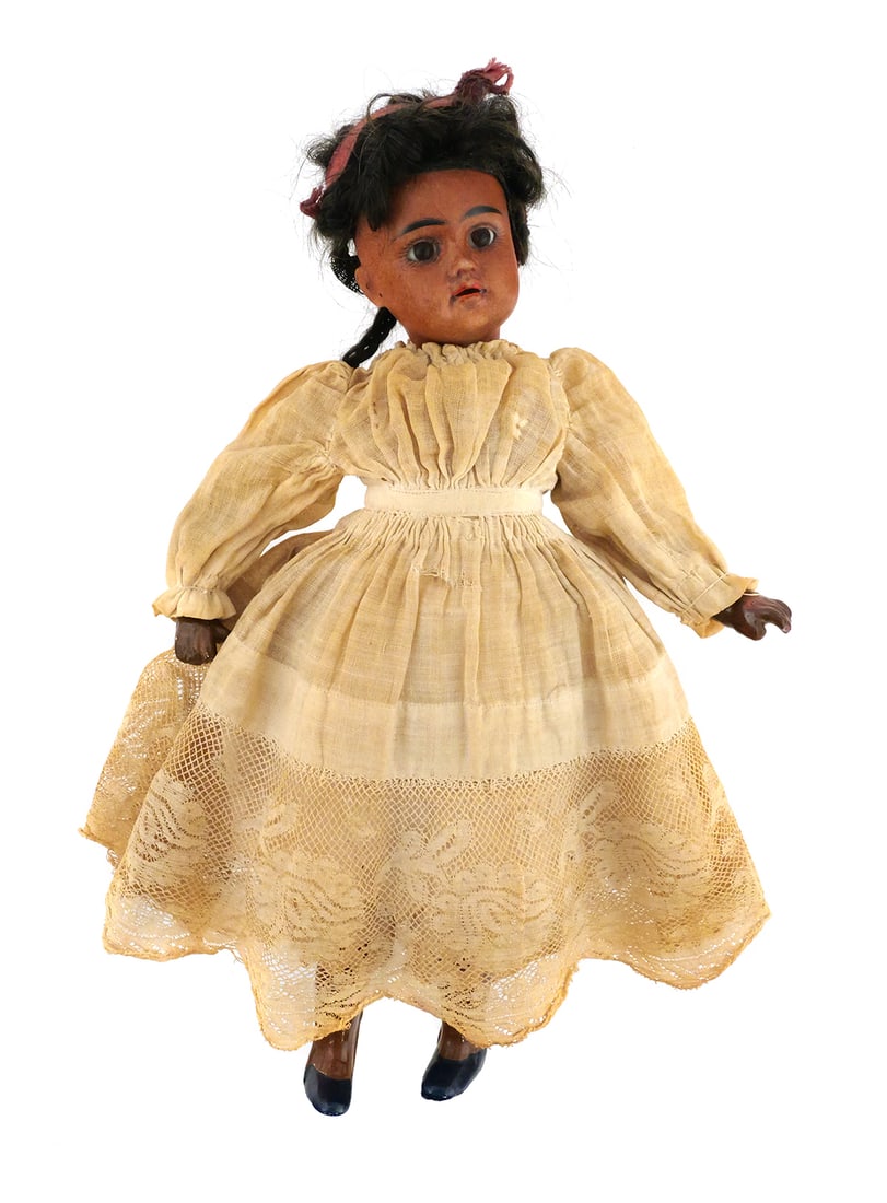 African-American Doll: Bahr & Proschild 277: Antique c. 1888 Bahr & Proschild bisque head character doll. Tinted bisque socket head, open eyes, open mouth, painted eyebrows and eyelashes, pierced ears; composition jointed body painted to match t