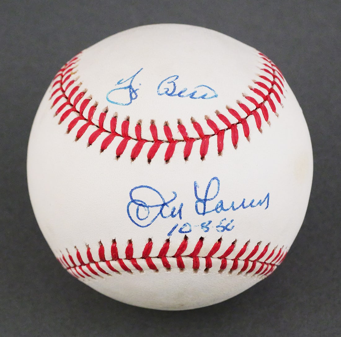 Yogi Berra Don Larsen Signed Baseball JSA: Signatures of the 1956 World Series "Perfect Game" duo -- HOF New York Yankees catcher Yogi Berra and pitcher Don Larsen -- on a Rawlings Official Ball American League. Comes with JSA cert. (#CE31476)