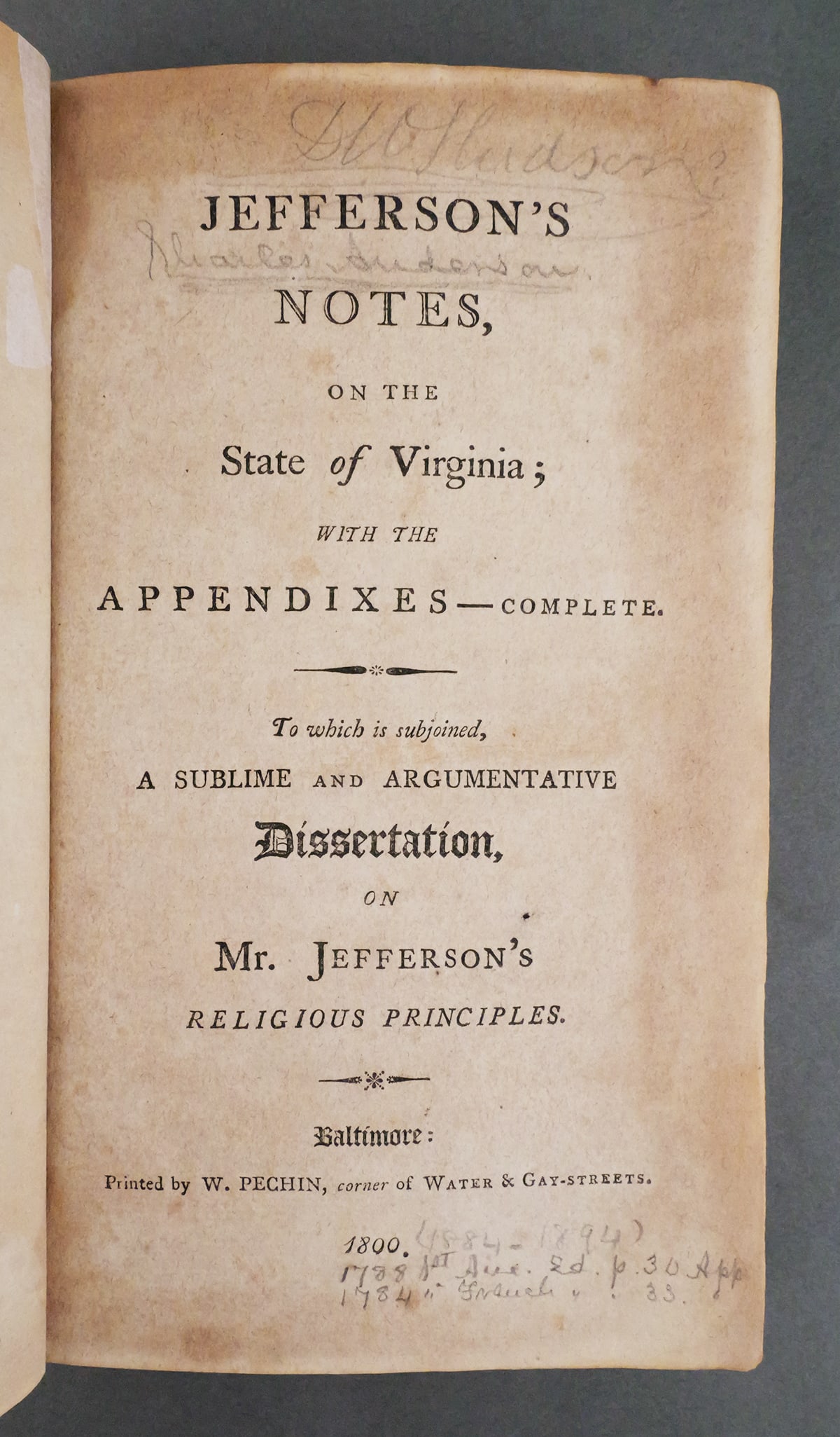 Rare Book: Th. Jefferson's Notes on Virginia, 1800: Thomas Jefferson's Notes on the State of Virginia. Baltimore: Printed by W. Pechin, 1800. 8vo, 194, [2], 53 pp. Early American edition, containing the Madison's Cave plate, the folding plate of the Ma