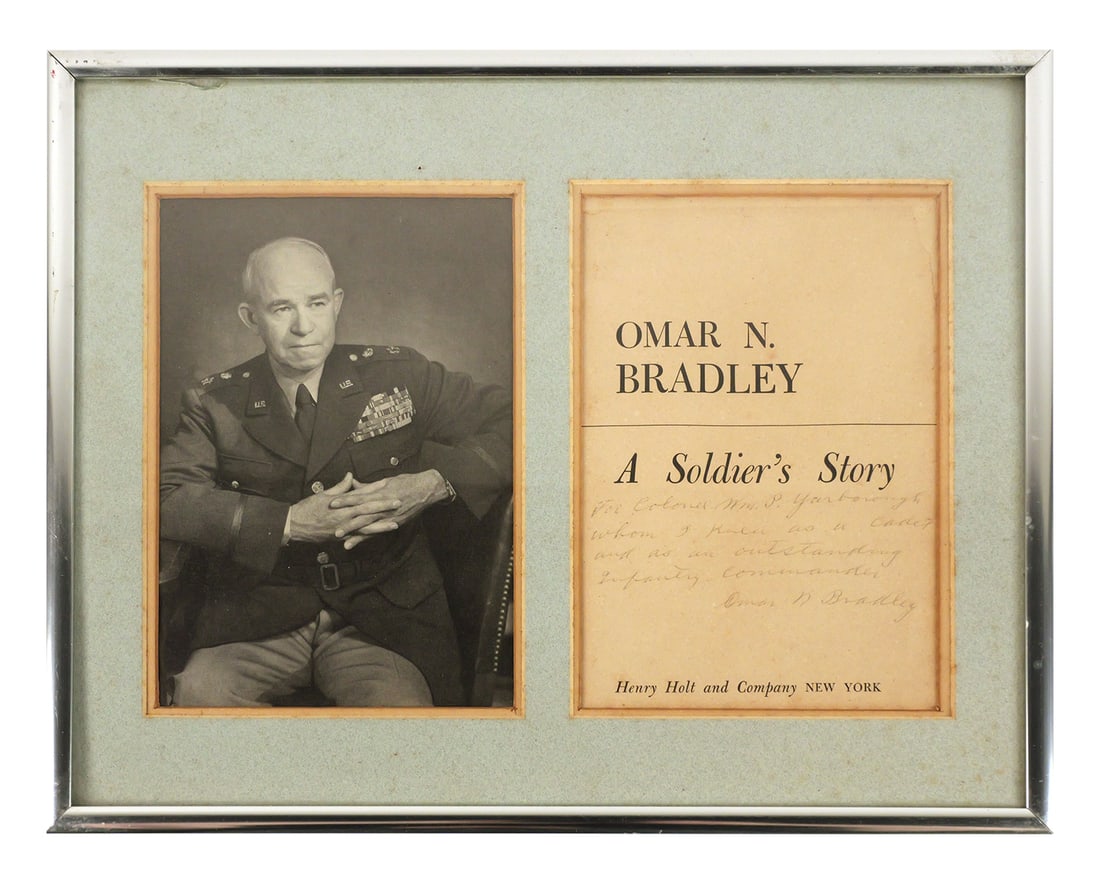 OMAR BRADLEY, Signed to Gen. Yarborough: Title page of General Omar Bradley's autobiography "A Soldier's Story," inscribed and signed to then-Col. William P. Yarborough, known later as "father of the Green Berets." Inscription reads, "For Co