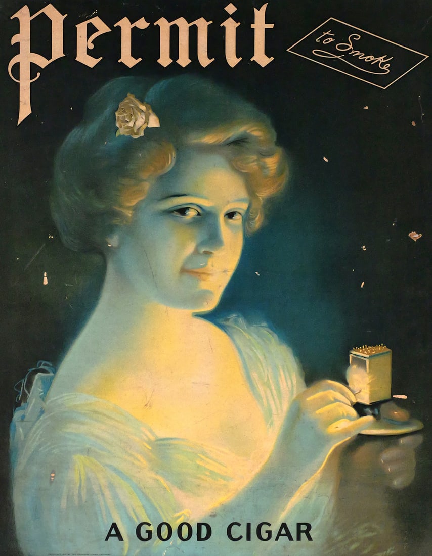 1910 PERMIT Cigar Lithograph Poster: Antique poster on board, dated 1910 by the American Cigar Co. "Permit to Smoke a Good Cigar." Measures 31-3/8" x 25-1/2" including frame. The back side has a long, hinged bar that allows the piece to