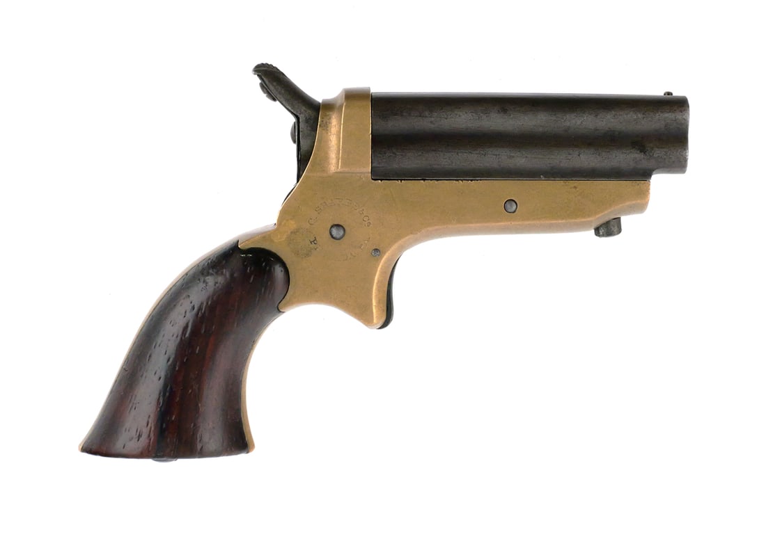 Sharps 4-Barrel .22 Rimfire Derringer Pepperbox: Antique Sharp's four barrel pepperbox derringer pistol. Chambered in .22 rimfire with barrels measuring approx. 2-1/4". Left side of frame marked "C. SHARPS PATENT 1859". Right side marked "C. SHARPS